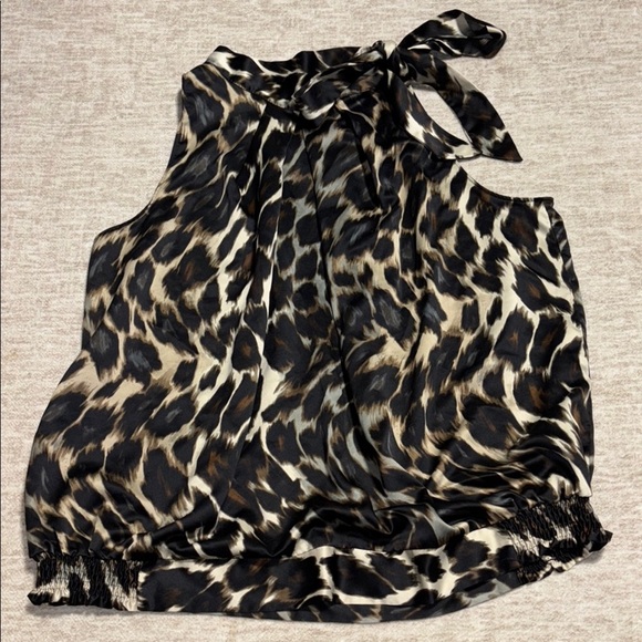 2X Animal print leopard print halter top dressy satin-  bow at neck smocking - Picture 1 of 5